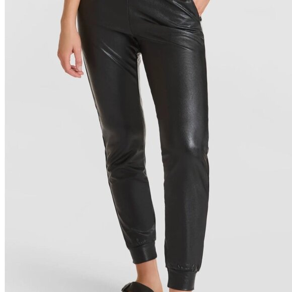 Commando Black Faux Leather Jogger Pants With Elastic Waistband & Cuffed Ankles - Picture 1 of 12